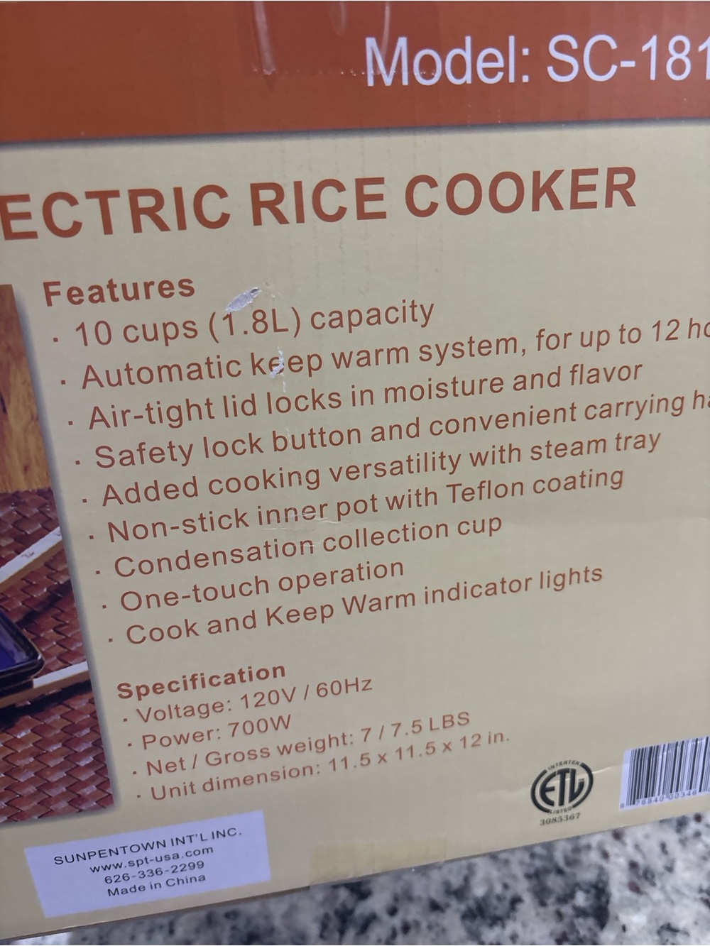 White Electric Rice Cooker - SC-1812P - Picture 3 of 4